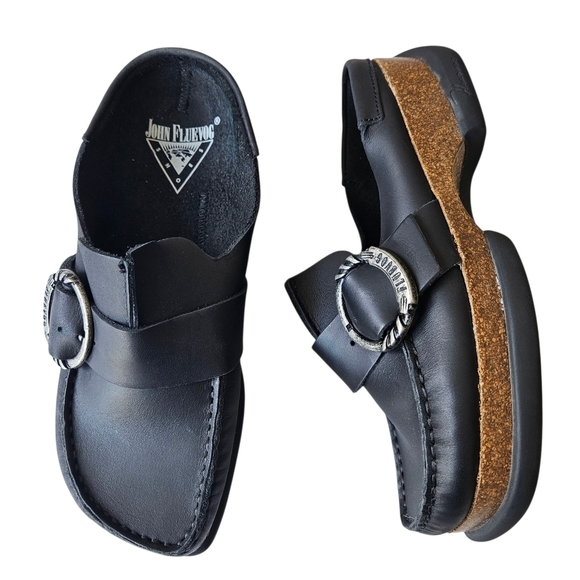 John Fluevog Black Leather Linn Peacemaker Mules - Picture 2 of 13